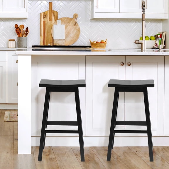 CL.HPAHKL Kitchen Bar Stools Set of 2, 30 Inch Counter Height Stools Backless Barstools with Footrest Countertop Solid Wooden Saddle Seats for Breakfast Bar, Kitchen Island, Party Room, Black