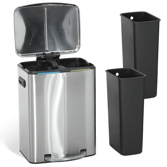 CL.HPAHKL Kitchen Trash Can with Lid, 10 Gallon (40 L) Rectangular Stainless Steel Garbage Can with Removable Inner Buckets and Soft Close Trash Bin Dual Compartment Trash Can for Recycling , Silver