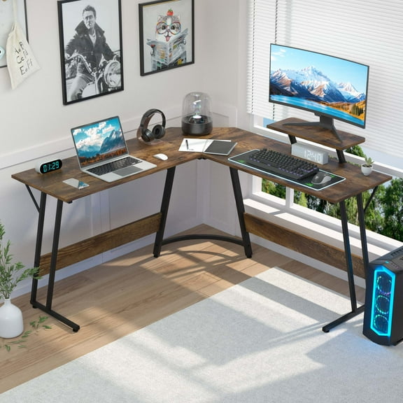 CL.HPAHKL L Shaped Computer Desk, 50 Inch Corner Gaming Desk with Monitor Riser Stand Corner Computer Desk with Large Desktop Computer Table Desk for Home Office Gaming Writing Study, Brown