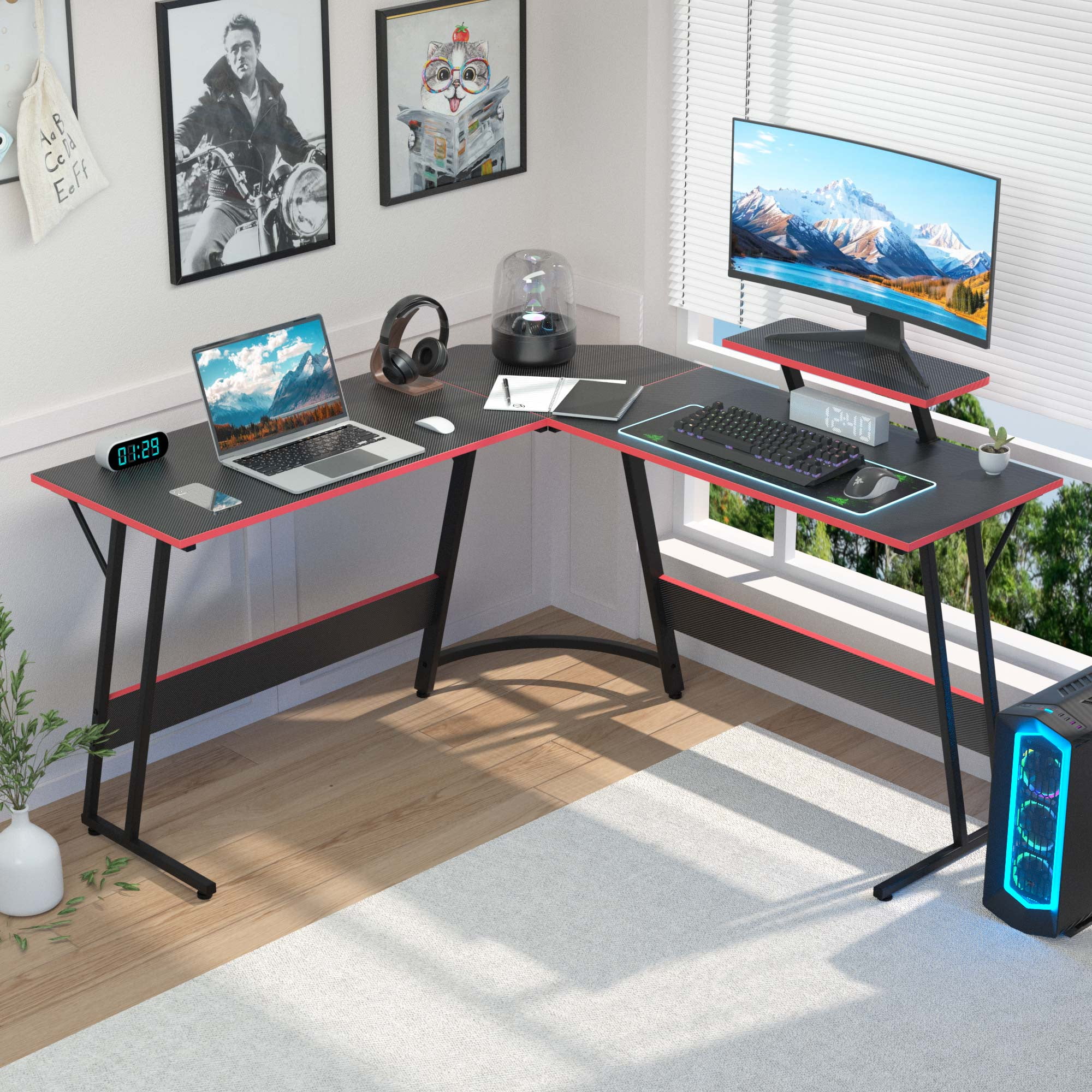 CL.HPAHKL L Shaped Corner Desk, PC Gaming Desk Table with Large Desktop 50 Inch L Shape Computer Desk Corner Gaming Desk with Monitor Stand for Home Office Dorm Small Space, Easy to Assemble, Black