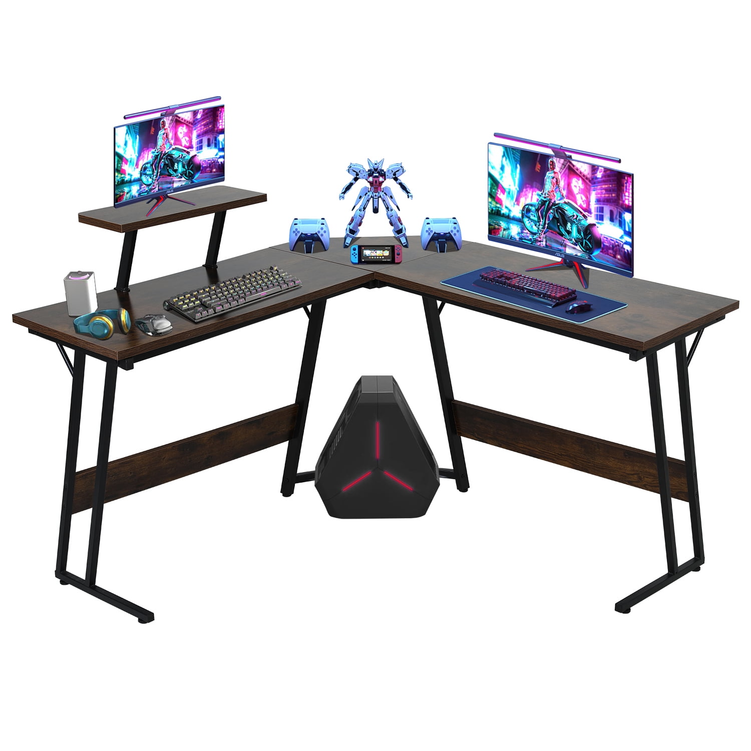 CL.HPAHKL L Shaped Desk Corner Gaming Desk Table with Large Monitor Riser Stand Computer Desk with Large Desktop Studying and Working and Gaming for Home and Work Place（ Brown 51 Inch）