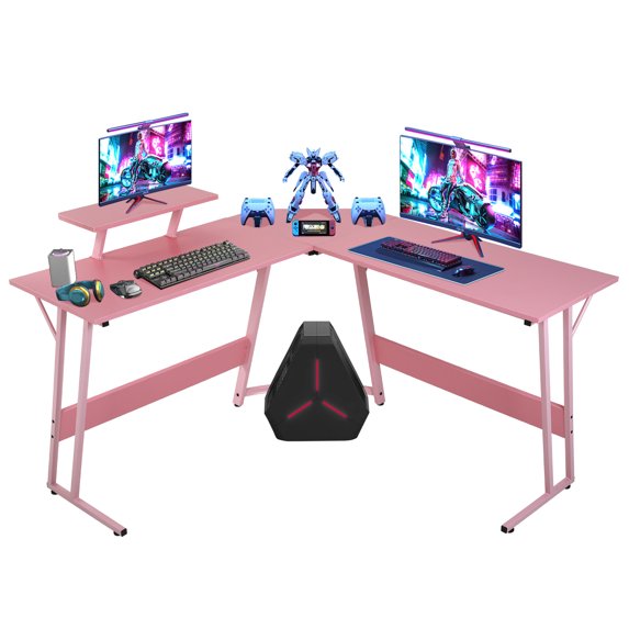 CL.HPAHKL L Shaped Desk Corner Gaming Desk Table with Large Monitor Riser Stand Computer Desk with Large Desktop Studying and Working and Gaming for Home and Work Place（ Pink 51 Inch ）