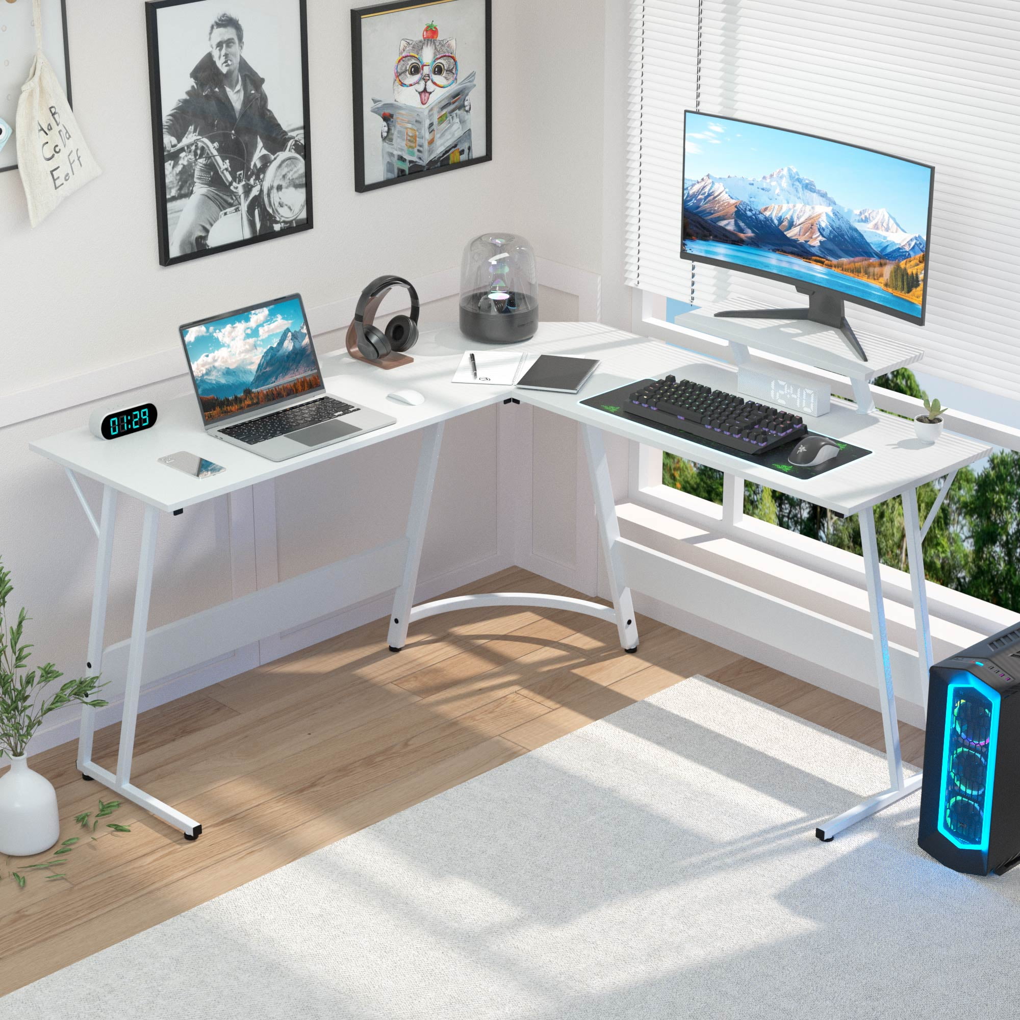 CL.HPAHKL L Shaped Gaming Desk, Corner Computer Desk with Large Desktop PC Gaming Desk Table with Large Monitor Riser Stand 50 Inch Computer Table Desk for Home Office Gaming Writing Study, White