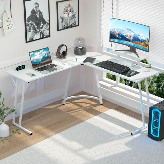 CL.HPAHKL L Shaped Gaming Desk, Corner Computer Desk with Large Desktop PC Gaming Desk Table with Large Monitor Riser Stand 50 Inch Computer Table Desk for Home Office Gaming Writing Study, White