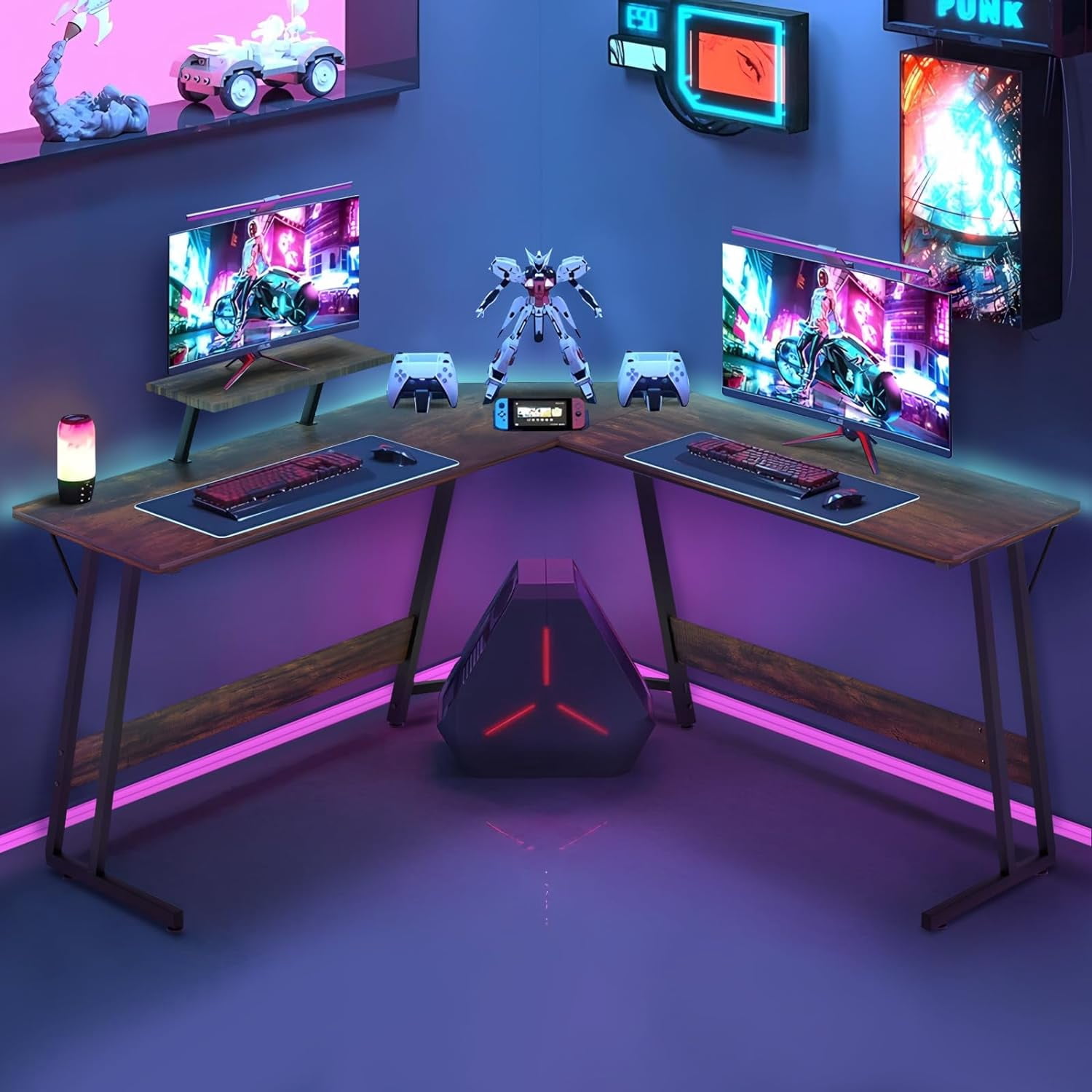 CL.HPAHKL L Shaped Gaming Desk, Corner Computer Desk Table with Monitor Stand for Home Office Study Writing, Brown