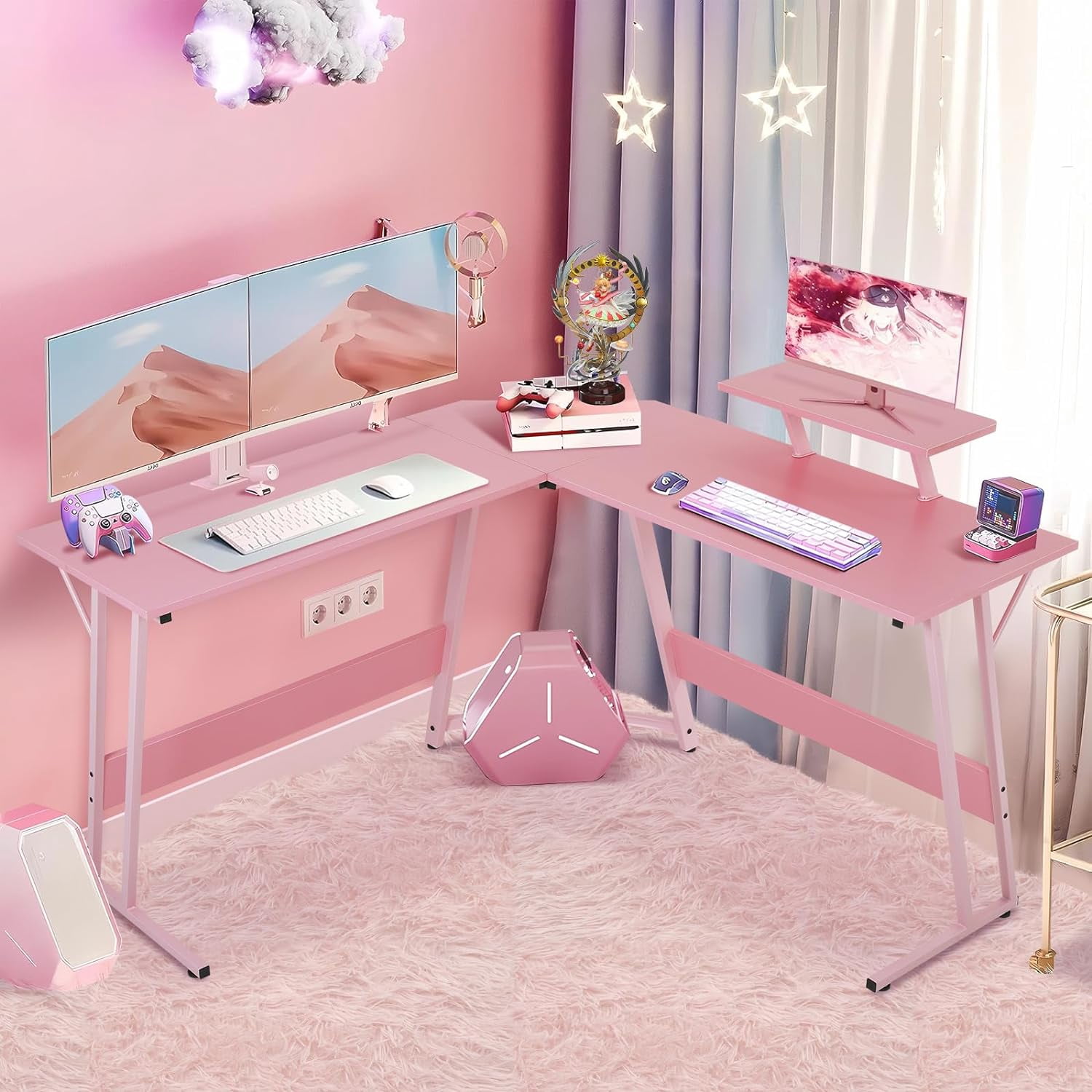 CL.HPAHKL L Shaped Gaming Desk, Corner Computer Desk Table with Monitor Stand for Home Office Study Writing, Pink