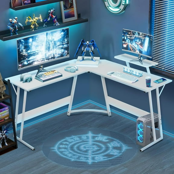 CL.HPAHKL L Shaped Gaming Desk, Corner Computer Desk Table with Monitor Stand for Home Office Study Writing, White