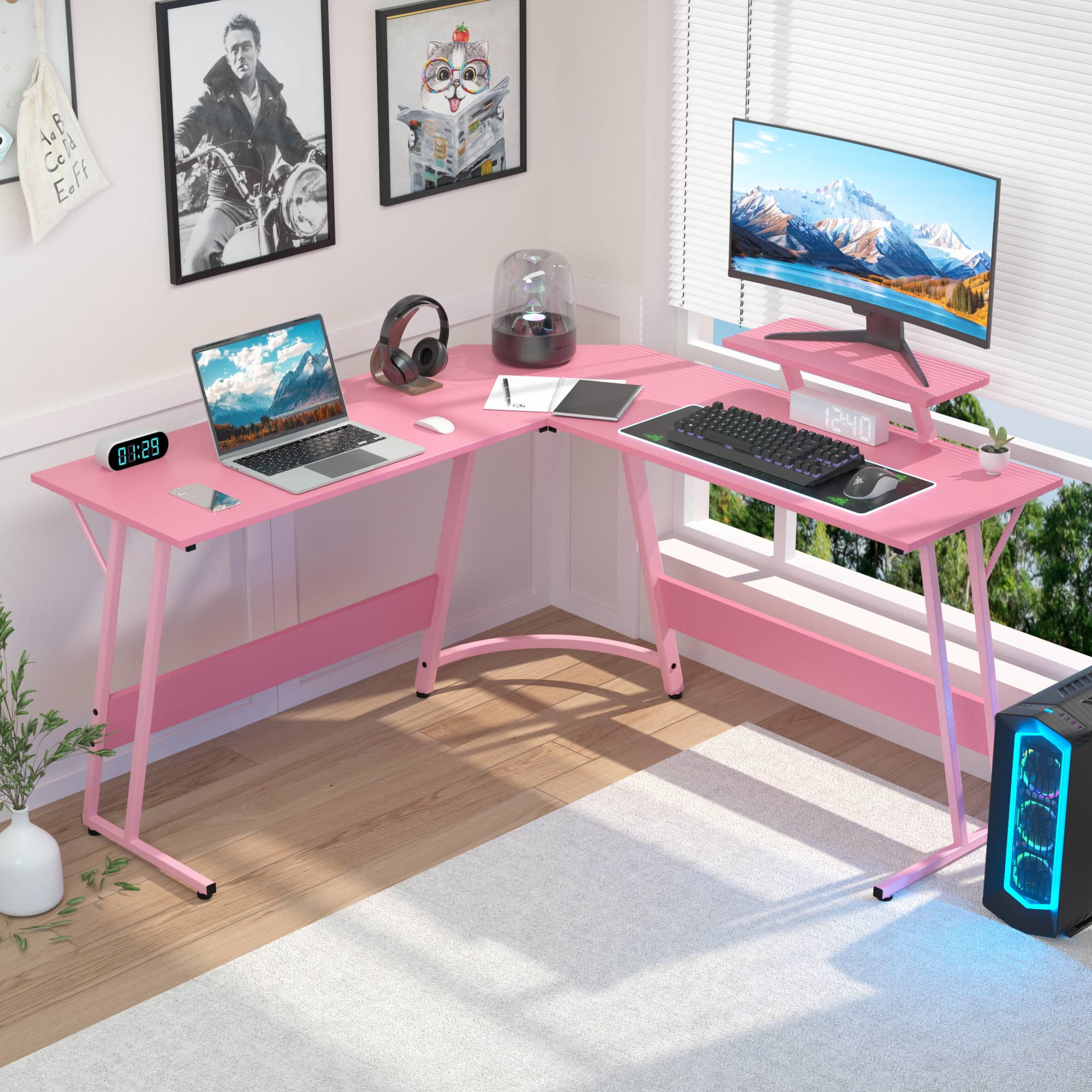 CL.HPAHKL L Shaped Gaming Desk, Gaming Corner Desk with Monitor Riser Stand 50 Inch PC Desk Computer Table Desk with Large Desktop Studying and Working and Gaming for Home and Work Place, Pink