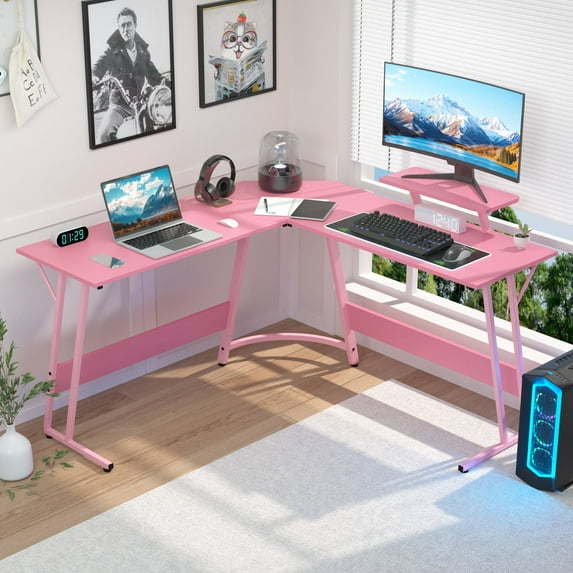 CL.HPAHKL L Shaped Gaming Desk, Gaming Corner Desk with Monitor Riser Stand 50 Inch PC Desk Computer Table Desk with Large Desktop Studying and Working and Gaming for Home and Work Place, Pink
