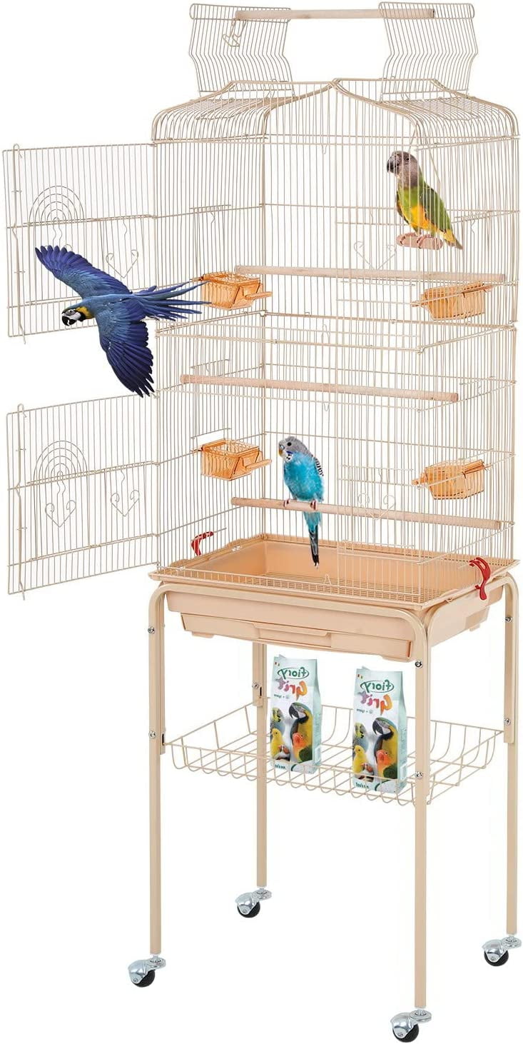 CL.HPAHKL Large Bird Cage, 64 inch Parakeet Cage with Open Play Top & Rolling Stand, Wrought Iron Birdcage for Parrot Cockatiel Cockatoo Lovebird, Almond