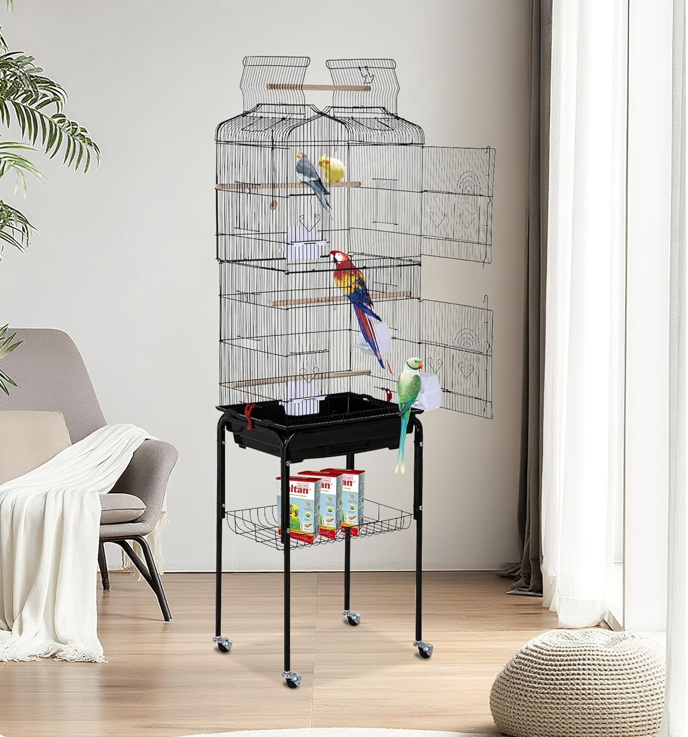 CL.HPAHKL Large Bird Cage, 64 inch Parakeet Cage with Open Play Top & Rolling Stand, Wrought Iron Birdcage for Parrot Cockatiel Cockatoo Lovebird, Black