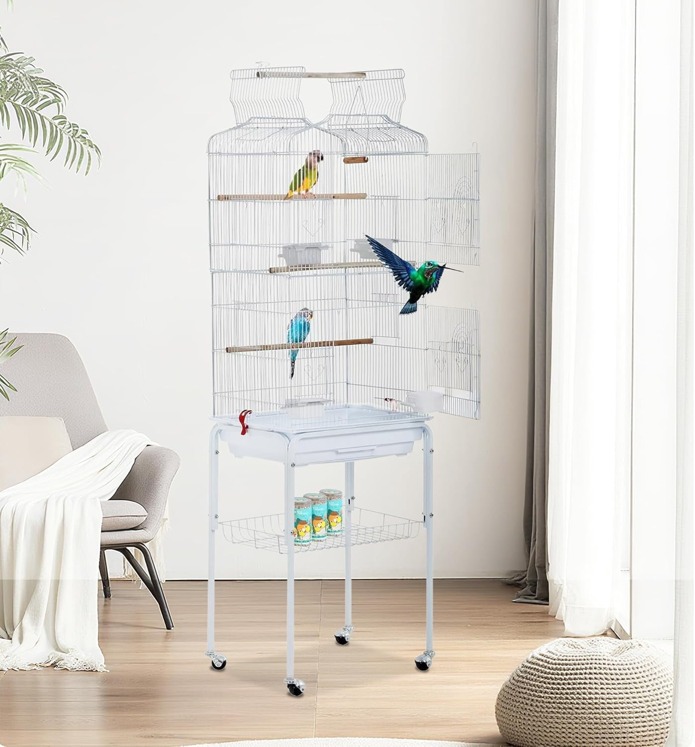 CL.HPAHKL Large Bird Cage, 64 inch Parakeet Cage with Open Play Top & Rolling Stand, Wrought Iron Birdcage for Parrot Cockatiel Cockatoo Lovebird, White