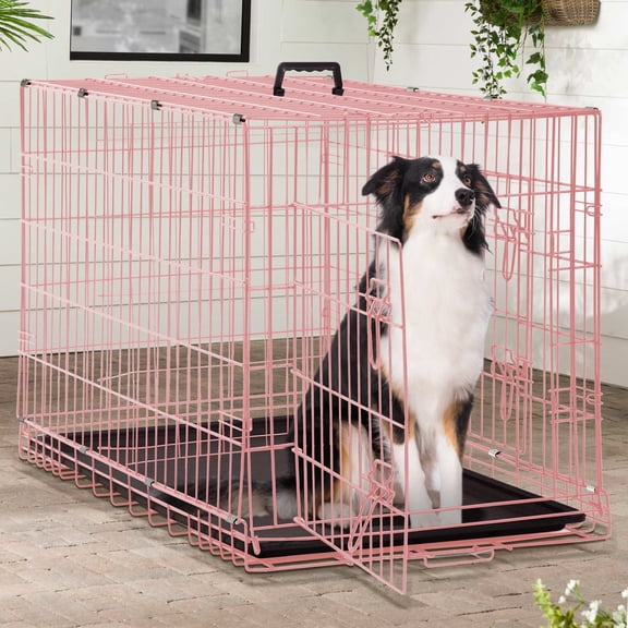 CL.HPAHKL Large Dog Crate for Medium Large Dogs, 42 inch Folding Metal Dog Kennel Double Door Dog Cage with Plastic Tray, Pet Dog Wire Crate Indoor Outdoor Travel, Pink