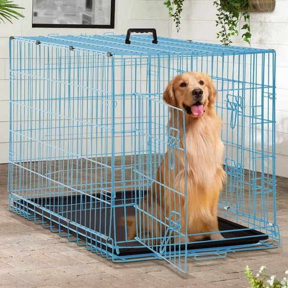 CL.HPAHKL Large Dog Crate for Medium Large Dogs, 48 inch Folding Metal Dog Kennel Double Door Dog Cage with Plastic Tray, Pet Dog Wire Crate Indoor Outdoor Travel, Blue