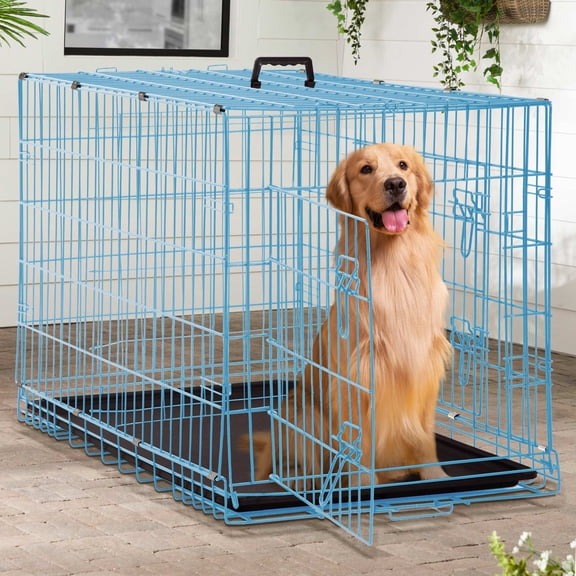 CL.HPAHKL Large Dog Crate for Medium Large Dogs, 48 inch Folding Metal Dog Kennel Double Door Dog Cage with Plastic Tray, Pet Dog Wire Crate Indoor Outdoor Travel, Blue