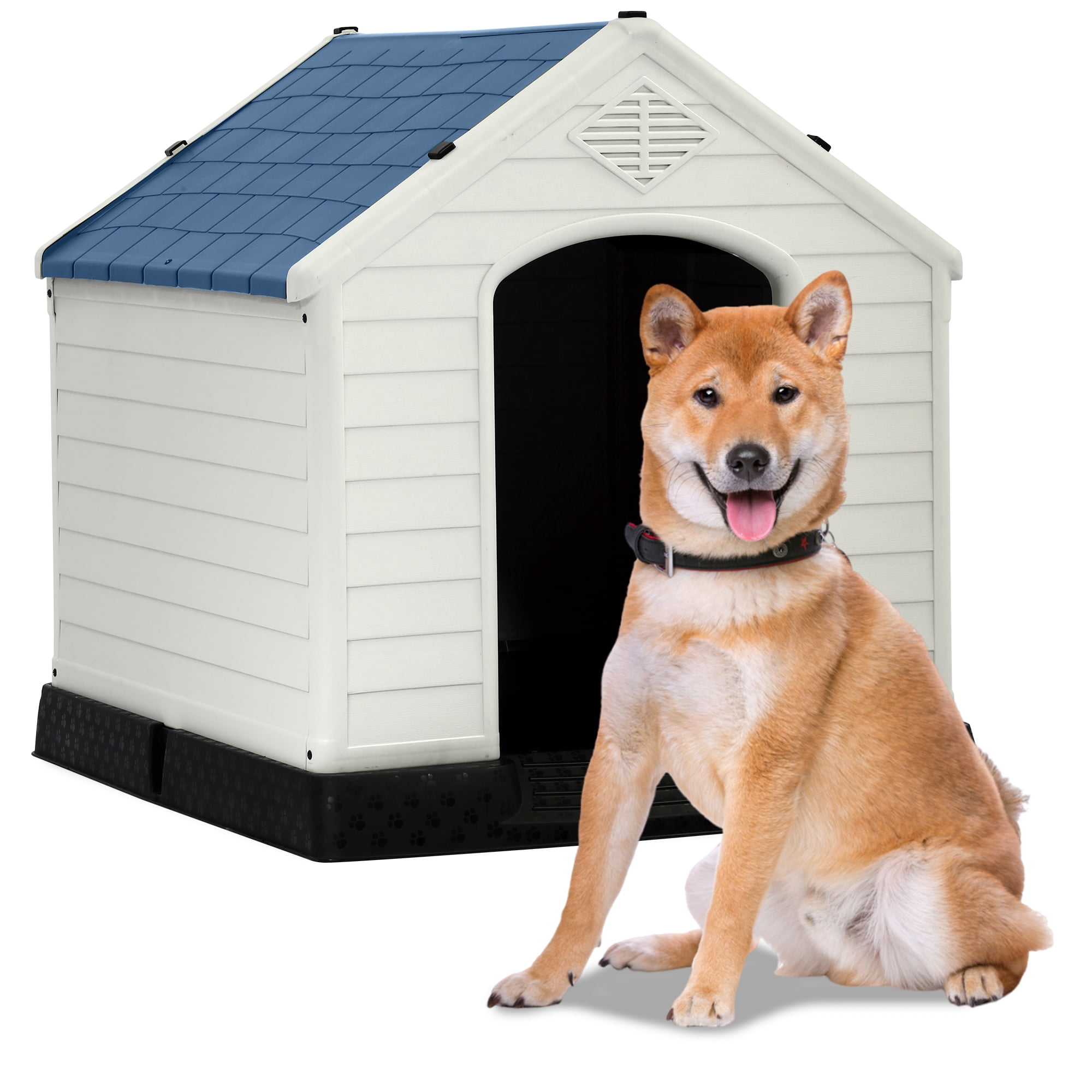 CL.HPAHKL Large Dog House Indoor Outdoor, Plastic Dog House for Small to Large Siza Dogs Durable Waterproof Doghouse with Elevated Floor and Air Vents, Easy to Clean (39" L x 41" W x 37.5" H, Blue)