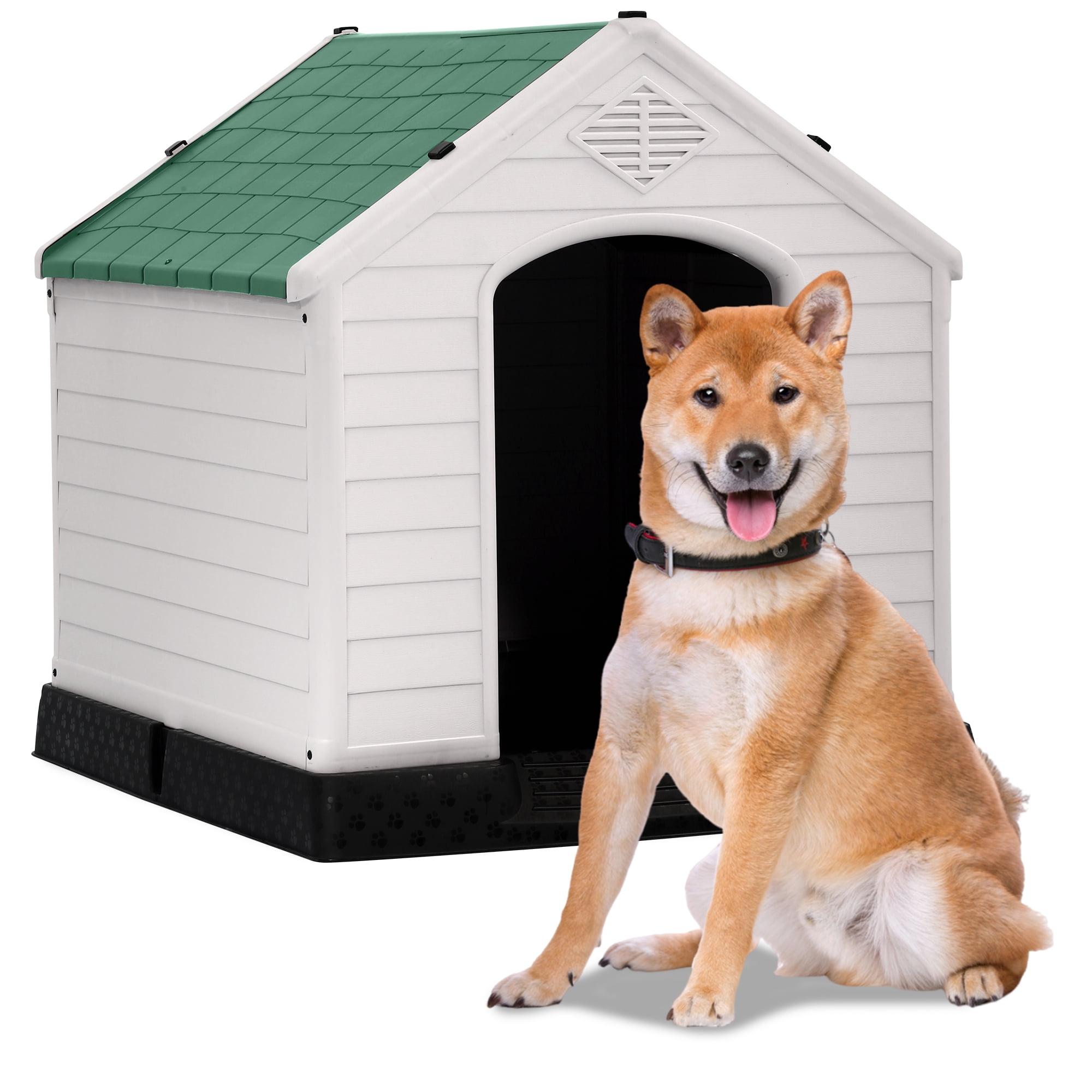 CL.HPAHKL Large Dog House Indoor Outdoor, Plastic Dog House for Small to Large Siza Dogs Durable Waterproof Doghouse with Elevated Floor and Air Vents, Easy to Clean (39" L x 41" W x 37.5" H, Green)