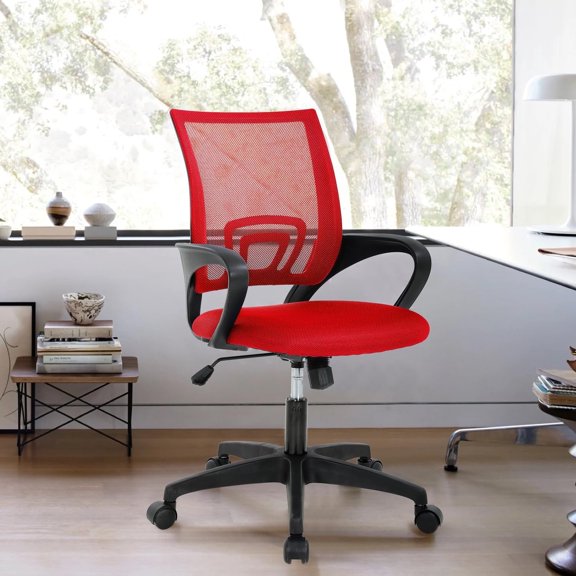 CL.HPAHKL Mesh Computer Desk Chair, Ergonomic Office Chair with Lumbar Support & Armrests Mid Back Swivel Rolling Task Chair for Home Office Study Gaming, Red