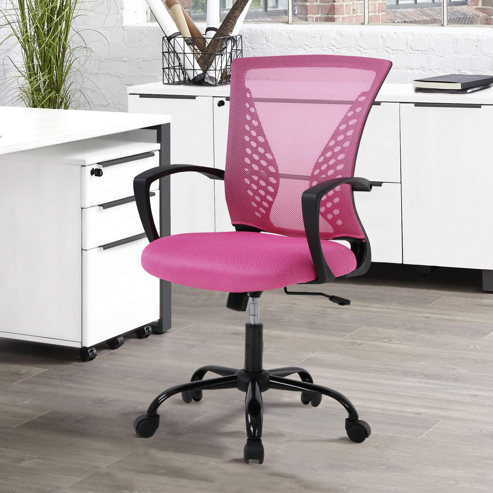 Pink Mesh Swivel Office Task Chair with Fixed Arms