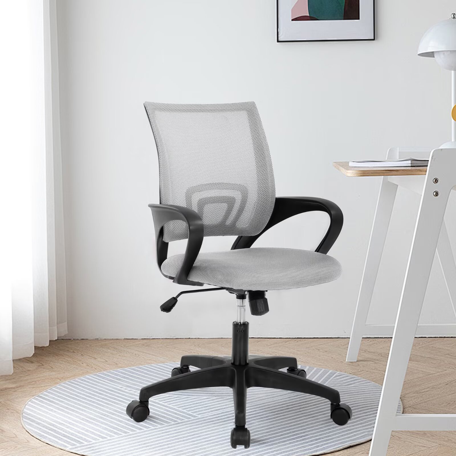 CL.HPAHKL Mesh Office Chair with Wheels, Adjustable Ergonomic Computer Desk Chair with Lumbar Support & Armrest, Comfortable Swivel Rolling Chair for Home Office Work Study, Grey