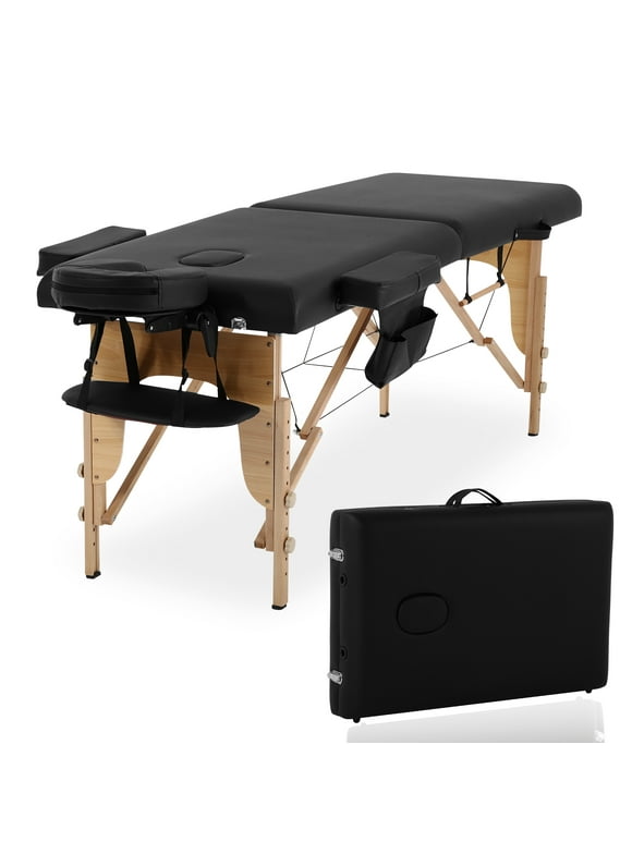 CL.HPAHKL Message Table Massage Bed Portable, 2 Folding Lightweight Lash Bed Esthetician Bed, Tattoo Bed Height Adjustable with Carrying Case Wooden Leg Spa Bed Hold up to 450lbs, Black