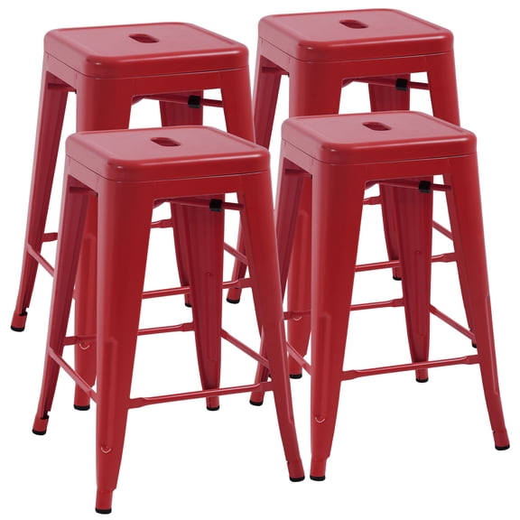 CL.HPAHKL Metal Bar Stools Set of 4, Counter Height Bar Stools 24 Inch Stackable Barstools with Handing Hole, Backless counter stools bar chairs island chairs for Kitchen, Dining Room, Pub, Red