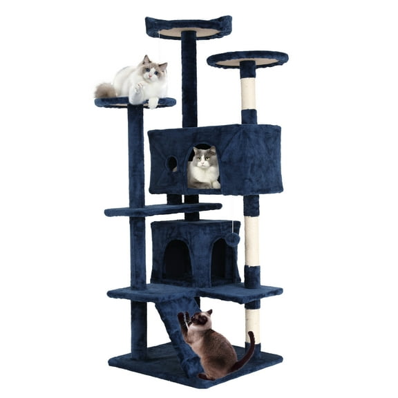 CL.HPAHKL Modern Cat Tree Tower with Dual Condos, 54 Inches Cat Tower with Sisal-Covered Scratching Post Multi-Level Tall Cat Condos with Hanging Toy, Navy Blue