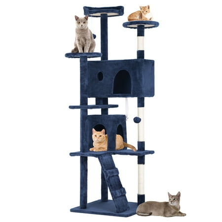 CL.HPAHKL Modern Cat Tree Tower with Dual Condos, 70 Inches Cat Tower with Sisal-Covered Scratching Post Multi-Level Tall Cat Condos with Hanging Toy, Navy Blue
