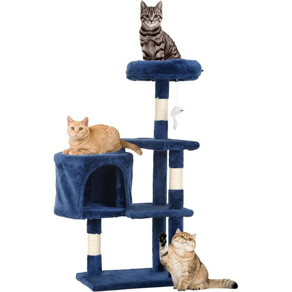 CL.HPAHKL Modern Small Kittens Condo, 37 In Short Sturdy Cat Tower Scratching Post with Soft Plush Perch Multi-Level Cat Tree House with Funny Toys Pet Play House for Indoor Cats, Navy Blue