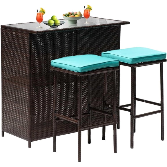 CL.HPAHKL Patio Bar Set, 3 Piece Outdoor Rattan Wicker Furniture Set with Glass Top Table & 2 Cushions Stools for Patios Backyards Porches Gardens Poolside, Blue