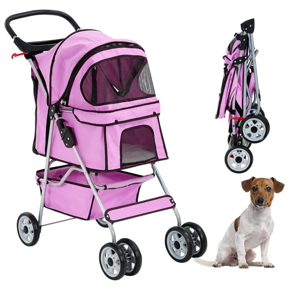 CL.HPAHKL Pet Stroller Foldable Pet Stroller Travel Stroller for Cats and Medium Dogs Includes 360 Degree Front Wheel Swivel,Mesh Panels and Canopy, Storage Basket, Cup Holder,Pink