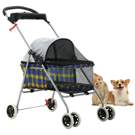 CL.HPAHKL Pet Stroller for Medium Small Dogs Dog Stroller Cat Stroller Foldable Jogging Travel 4 Wheels Waterproof and 360 Rotating Front Puppy Stroller with Mesh Windows,Yellow plaid