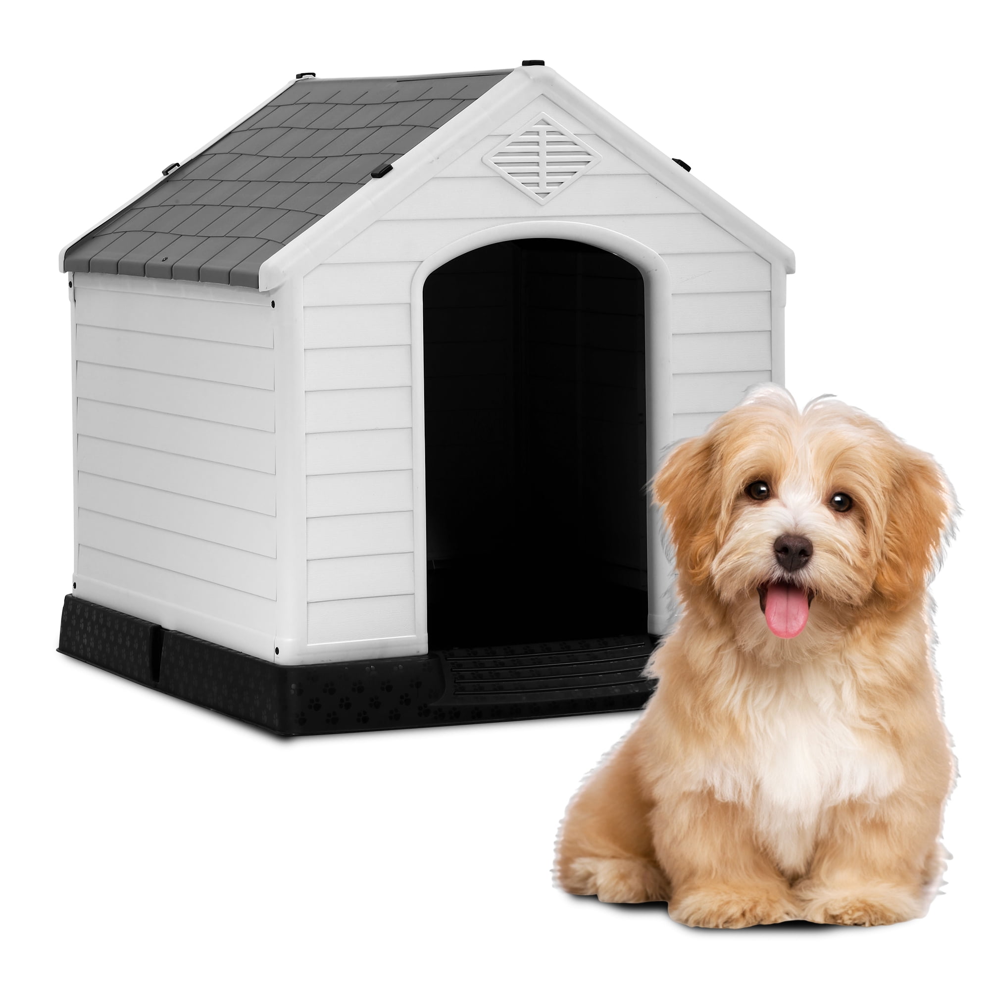 CL.HPAHKL Plastic Dog House, Ventilate Waterproof Doghouse Puppy Shelter with Elevated Floor and Air Vents All Weather Indoor Outdoor Insulated Dog House for Small Dogs (28" L x 27" W x 25" H, Grey)