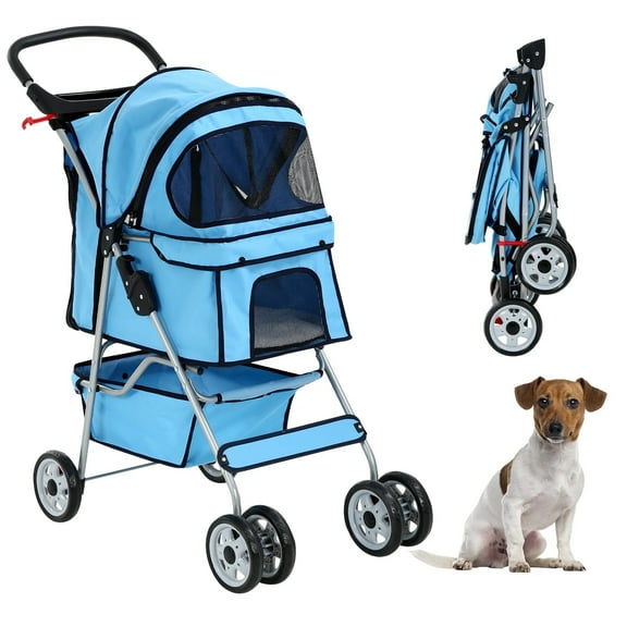 CL.HPAHKL Portable Pet Stroller with 4 Wheels, Easy Fold Stroller Travel Lightweight Jogger Stroller for Medium Small Dogs Cats All Terrain Dog Stroller with Cup Holder, Storage Basket, Blue