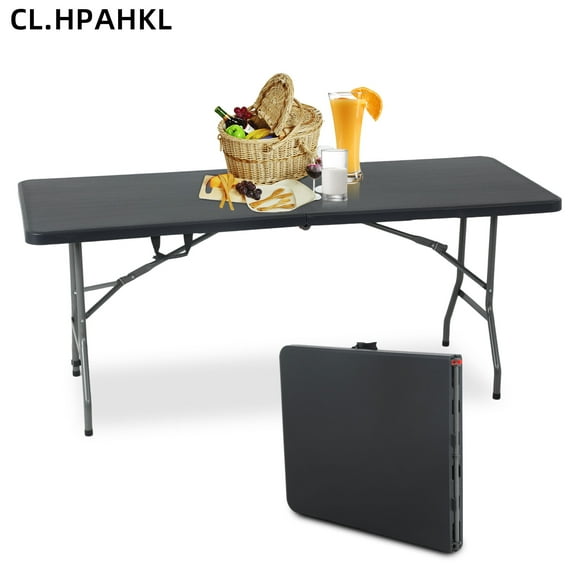 CL.HPAHKL Rectangular Folding Table, Plastic Folding Tables 6 ft Long Fold-in-Half Party Tables with Carrying Handle Heavy Duty Folding Table for Picnic, Dining, Party, Office, Home, Black