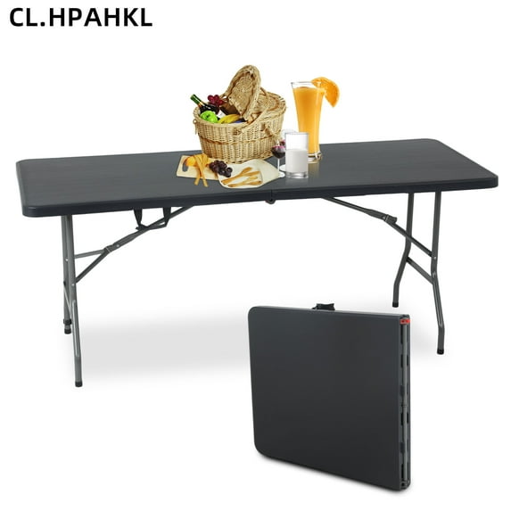 CL.HPAHKL Rectangular Folding Table, Plastic Folding Tables 6 ft Long Fold-in-Half Party Tables with Carrying Handle Heavy Duty Folding Table for Picnic, Dining, Party, Office, Home, Black