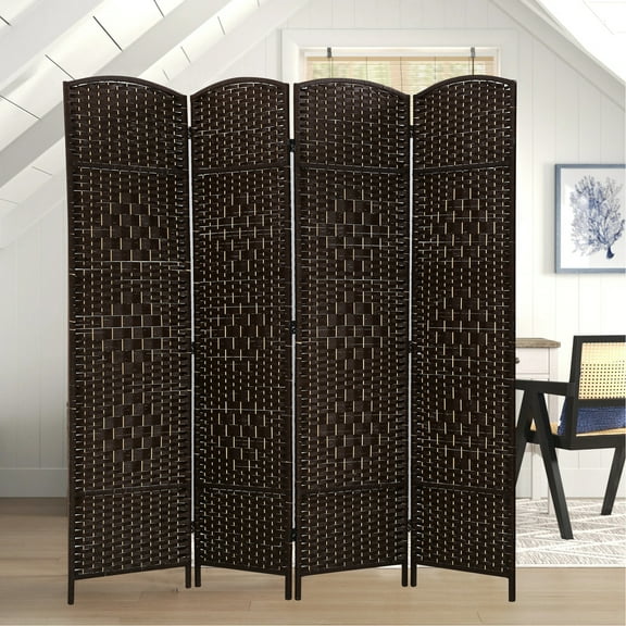 CL.HPAHKL Room Divider and Folding Privacy Screen, Woven Fiber Partition and Dividers Freestanding, Partition Room Dividers for Home Office Restaurant Bedroom, Brown, 4 Panel