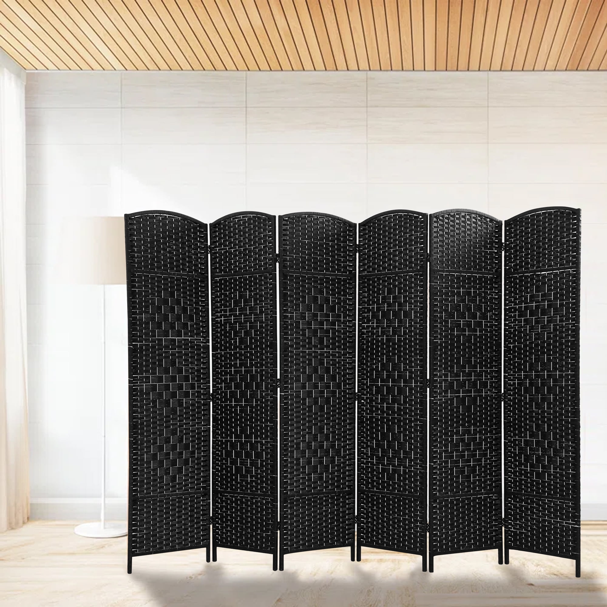 CL.HPAHKL Room Divider and Folding Privacy Screen, Woven Fiber Partition and Dividers Freestanding, Partition Room Dividers for Home Office Restaurant Bedroom, Black, 6 Panel