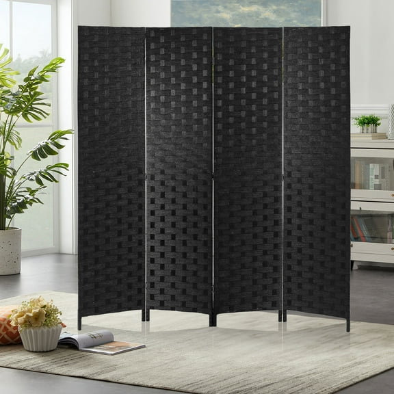 CL.HPAHKL Room Separators Divider Wall, 4 Panel Room Divider 6 ft Folding Screen with Double Hinged Panels Mesh Hand-Woven Design Room Partitions and Dividers for Home Office Bedroom, Balck