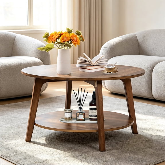 CL.HPAHKL Round Coffee Table, 31.5'' Wooden Circle Coffee Table with Storage, 2-Tier Center Table for Living Room, Apartment, Small Space, Brown