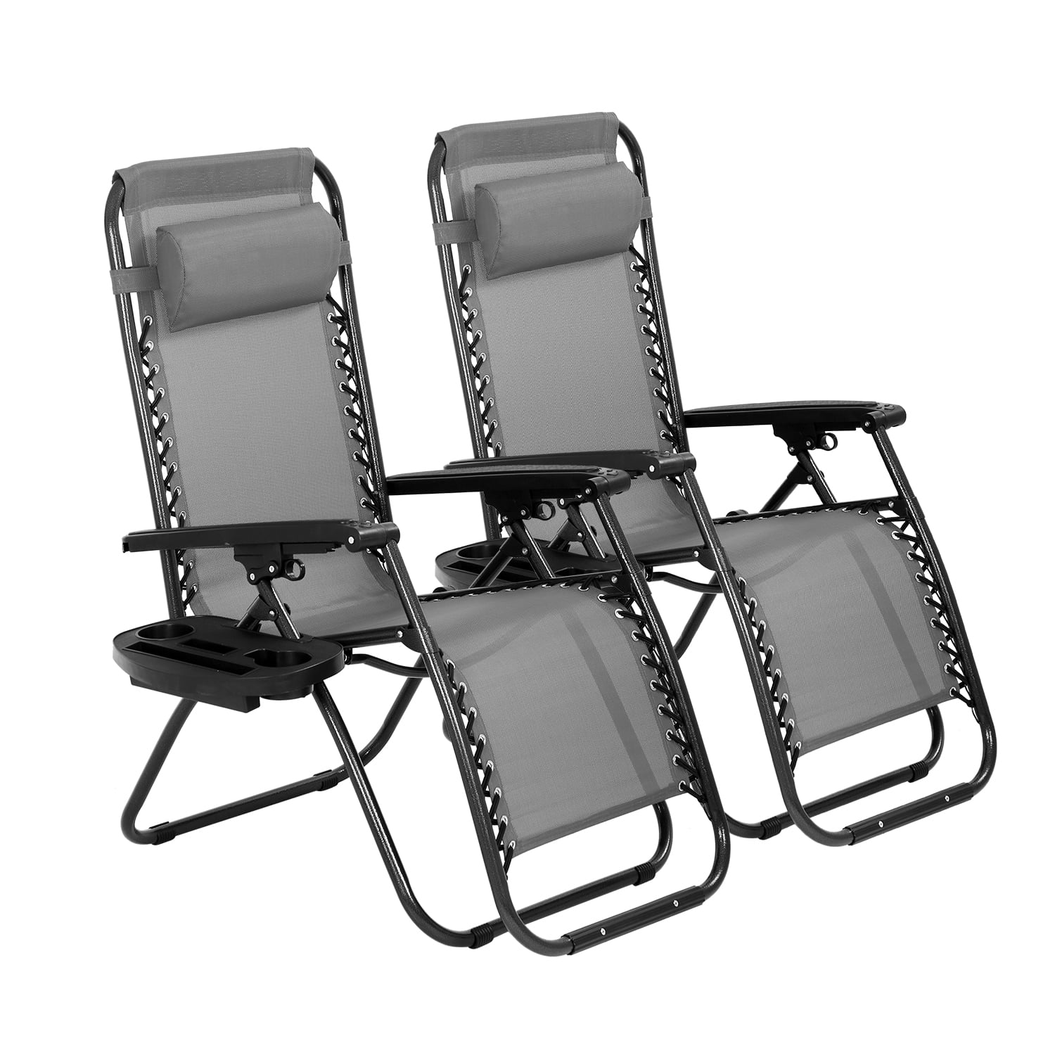 Zero Gravity Patio Lounge Chairs (2Pack), Adjustable Recliner w/ Cup Holder & Pillow, Grey