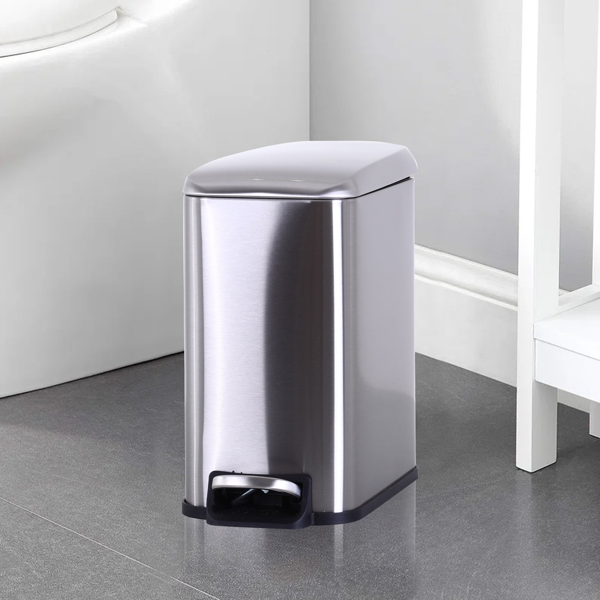 CL.HPAHKL Small Bathroom Trash Can with Soft Close Lid, 1.3 Gallon Stainless Steel Garbage Can with Removable Inner Bucket, Foot Pedal, Mini Trash Bin for Toilet, Home Office (Silver)