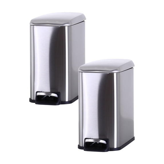 CL.HPAHKL Small Bathroom Trash Can with Soft Close Lid, 1.3 Gallon Stainless Steel Garbage Can with Removable Inner Bucket, Foot Pedal, Mini Trash Bin for Toilet, Home Office (Silver, 2 Pack)