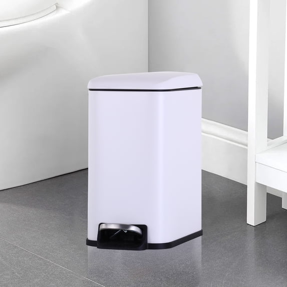 CL.HPAHKL Small Bathroom Trash Can with Soft Close Lid, 1.3 Gallon Stainless Steel Garbage Can with Removable Inner Bucket, Foot Pedal, Mini Trash Bin for Toilet, Home Office (White)