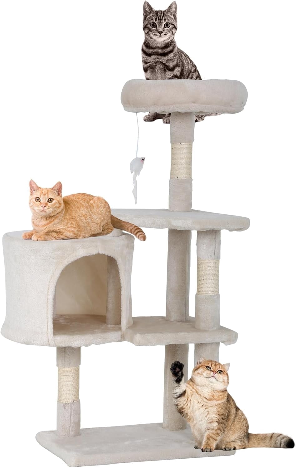 CL.HPAHKL Small Cat Tree for Indoor Cats, 37 Inches Cat Condo Furniture Activity Centre with Scratching Posts & Perch Bed Multi-Level Cat Tree House with Funny Toys for Kittens, Pets, Beige