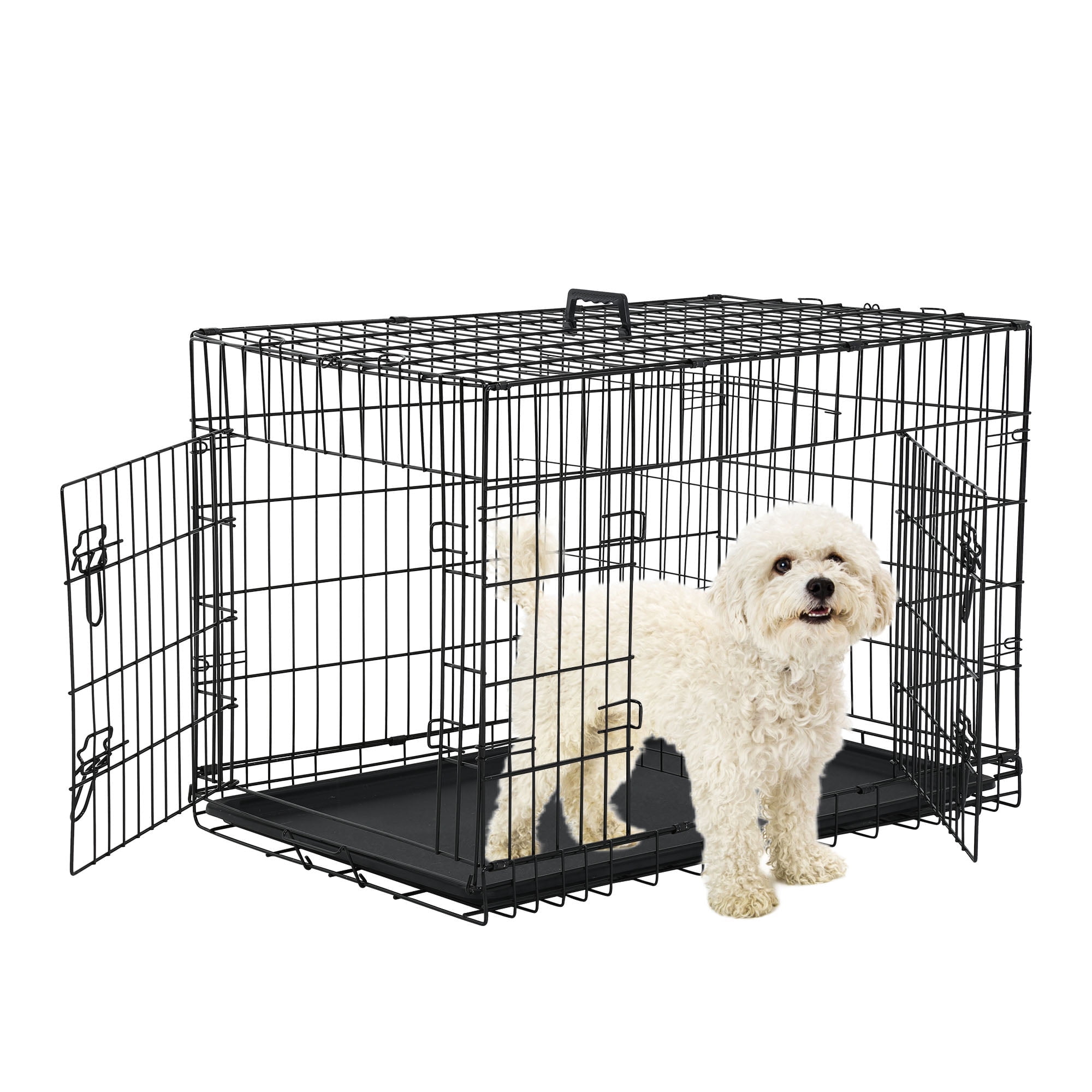 CL.HPAHKL Small Dog Crate, 24 inch Double Door Dog Cage Dog Kennel with Plastic Leak-Proof Pan Tray, Folding Metal Puppy Crate for Small Dog Indoor Outdoor Travel, Black