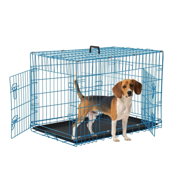 CL.HPAHKL Small Dog Crate, 30 inch Double Door Dog Cage Dog Kennel with Plastic Leak-Proof Pan Tray, Folding Metal Pet Crate for Small Dog Indoor Outdoor Travel, Blue