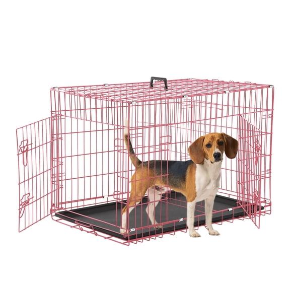 CL.HPAHKL Small Dog Crate, 30 inch Double Door Dog Cage Dog Kennel with Plastic Leak-Proof Pan Tray, Folding Metal Pet Crate for Small Dog Indoor Outdoor Travel, Pink