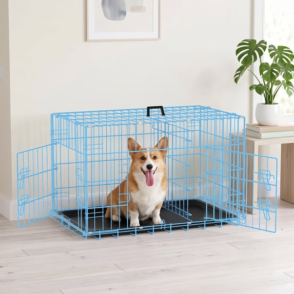 CL.HPAHKL 30 Inch Foldable Metal Small Dog Crate, Double Door Dog Kennel with Removable Plastic Tray, Indoor Outdoor Travel Puppy Cage for Small Dogs, Blue
