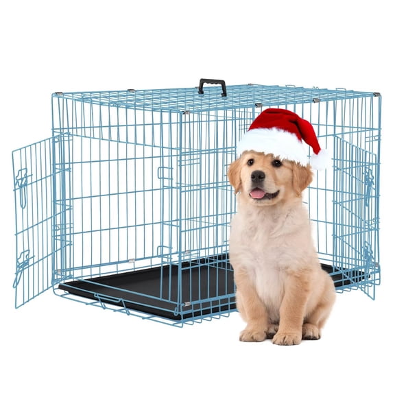 CL.HPAHKL Small Dog Crate, Folding Metal Dog Kennel Double Door Dog Cage with Plastic Tray, Puppy Crate for Small Dog Indoor Outdoor Travel (Blue, 24 inch)